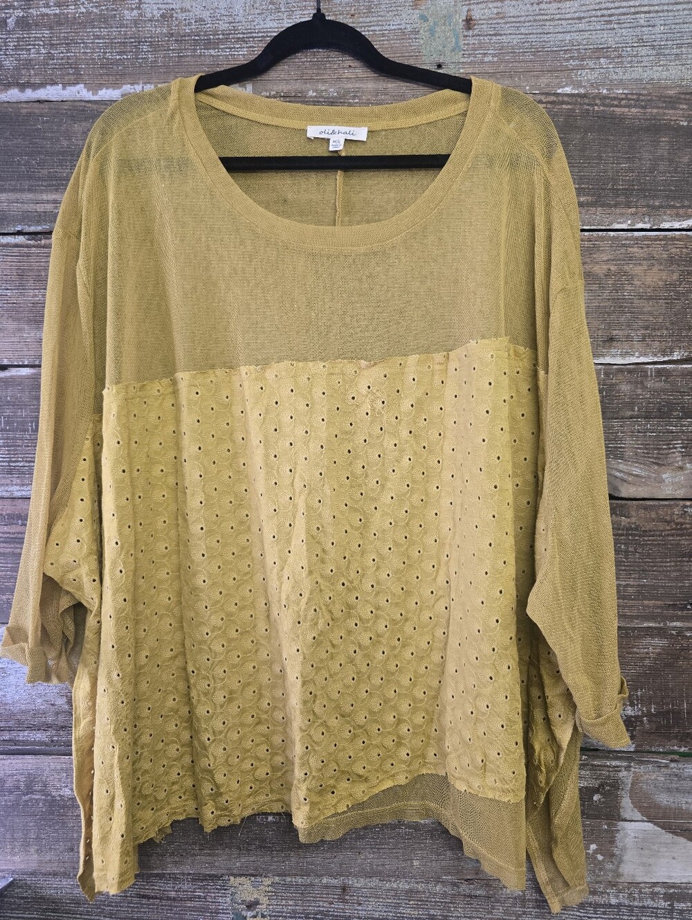 Oli & Hali M/L Mustard Eyelet Mesh Oversized Boho Tunic Top